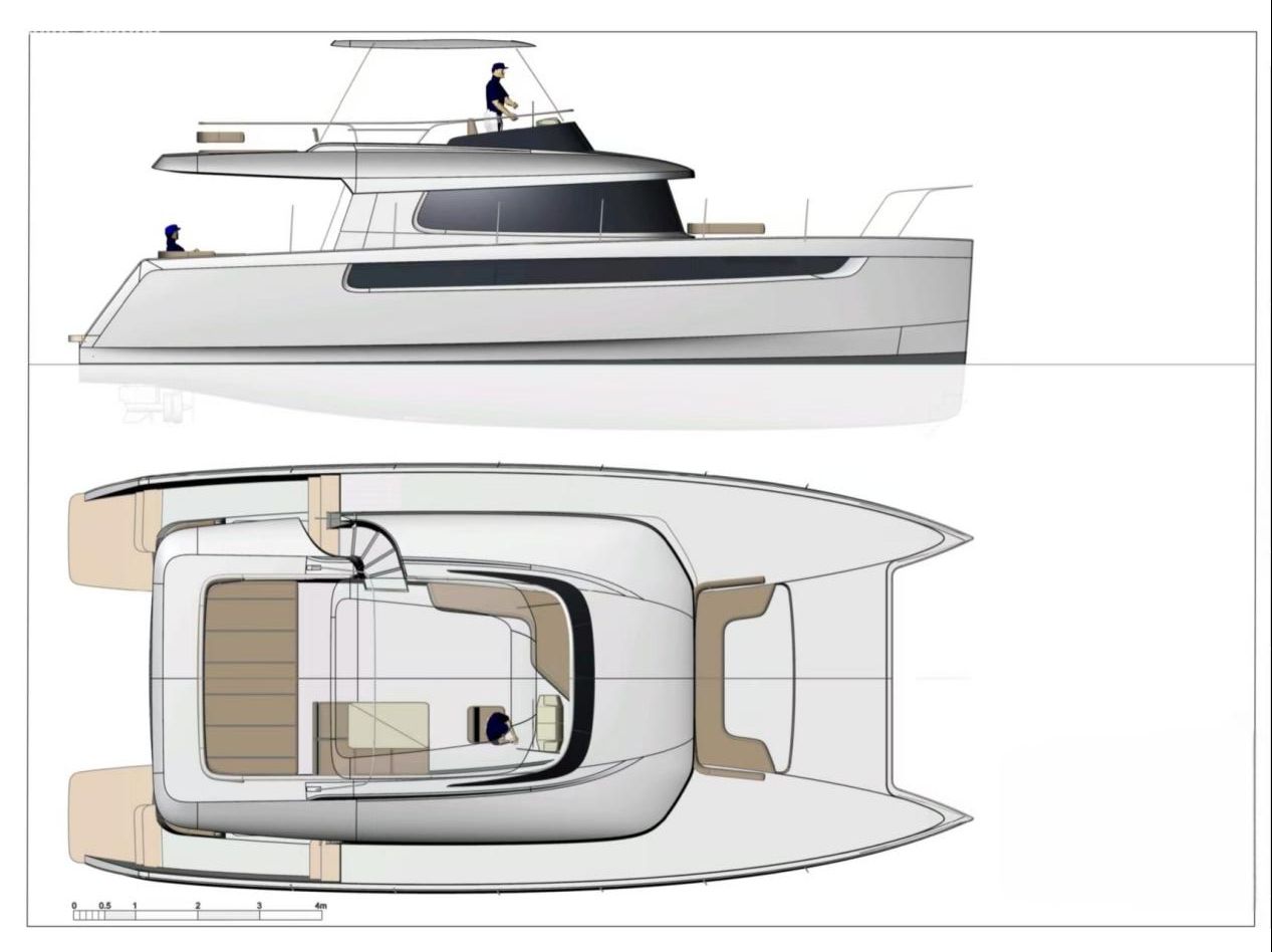 47ft Sailing Catamaran Top & Side Technical Drawing Plan technique d'un catamaran à voile de 47 pieds, vue de dessus et élévation latérale de la coque