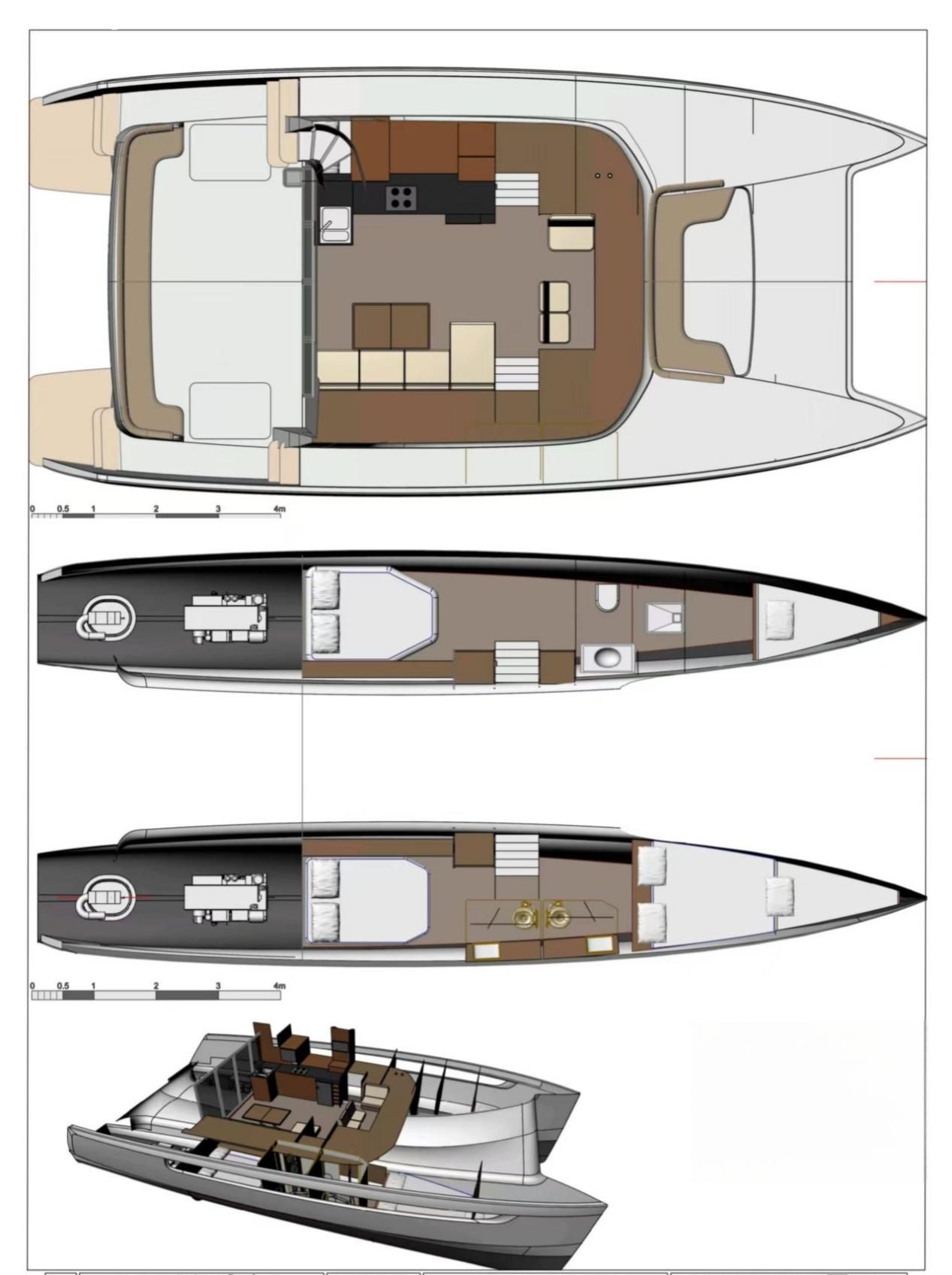 47ft Catamaran Cabin Layout & 3D Render Plans d'étage de cabine à plusieurs niveaux et rendu de perspective 3D pour un catamaran à voile de 47 pieds